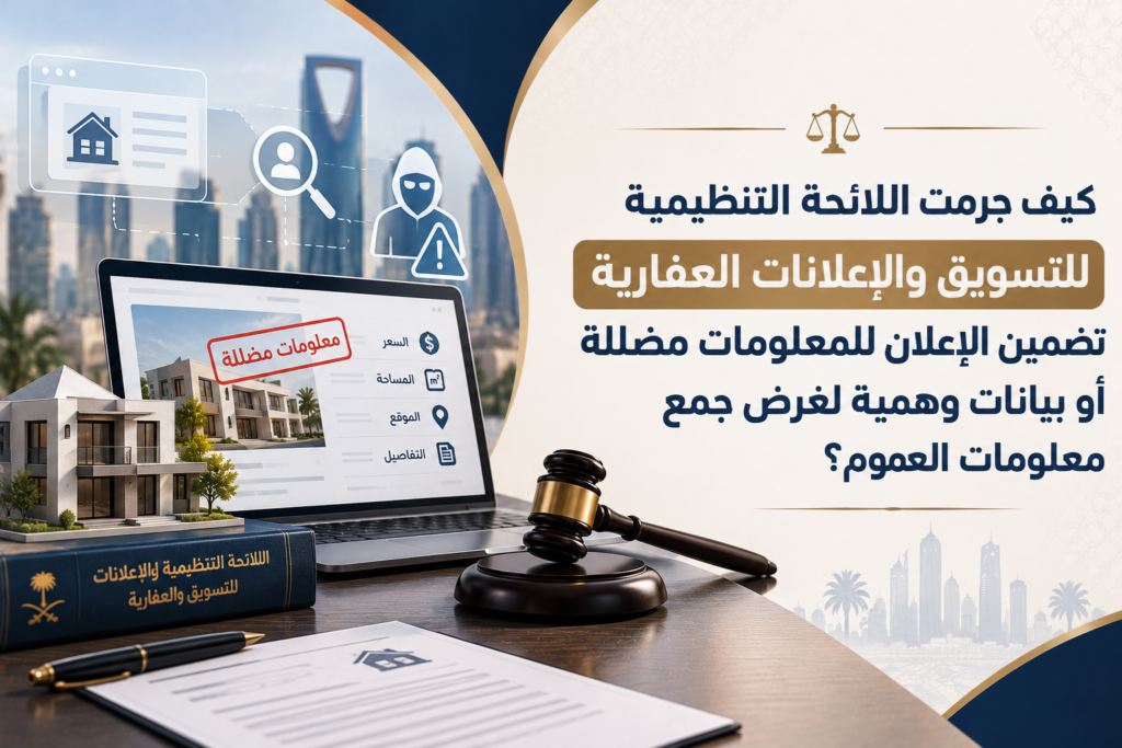 كيف جرمت اللائحة التنظيمية للتسويق والإعلانات العقارية تضمين الإعلان للمعلومات مضللة أو بيانات وهمية لغرض جمع معلومات العموم؟