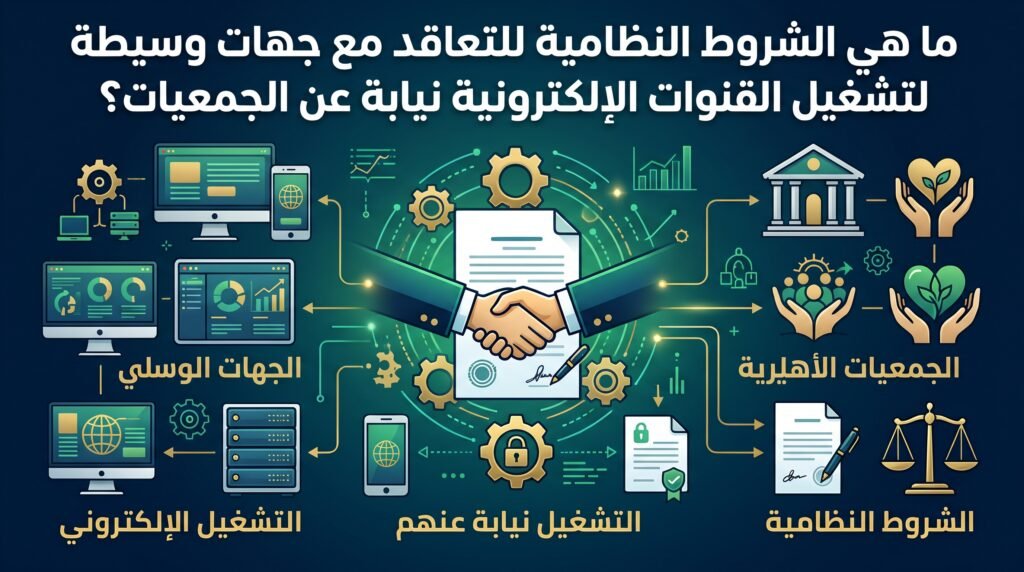 ما هي الشروط النظامية للتعاقد مع جهات وسيطة لتشغيل القنوات الإلكترونية نيابة عن الجمعيات؟